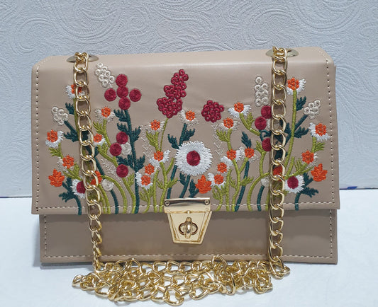 Beige Embroidered Floral Crossbody Bag