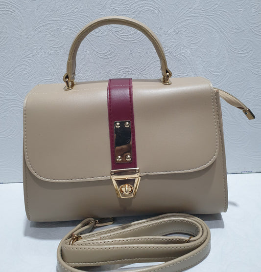 Beige and Burgundy Top Handle Bag