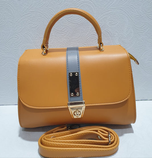 Beige and Burgundy Top Handle Bag