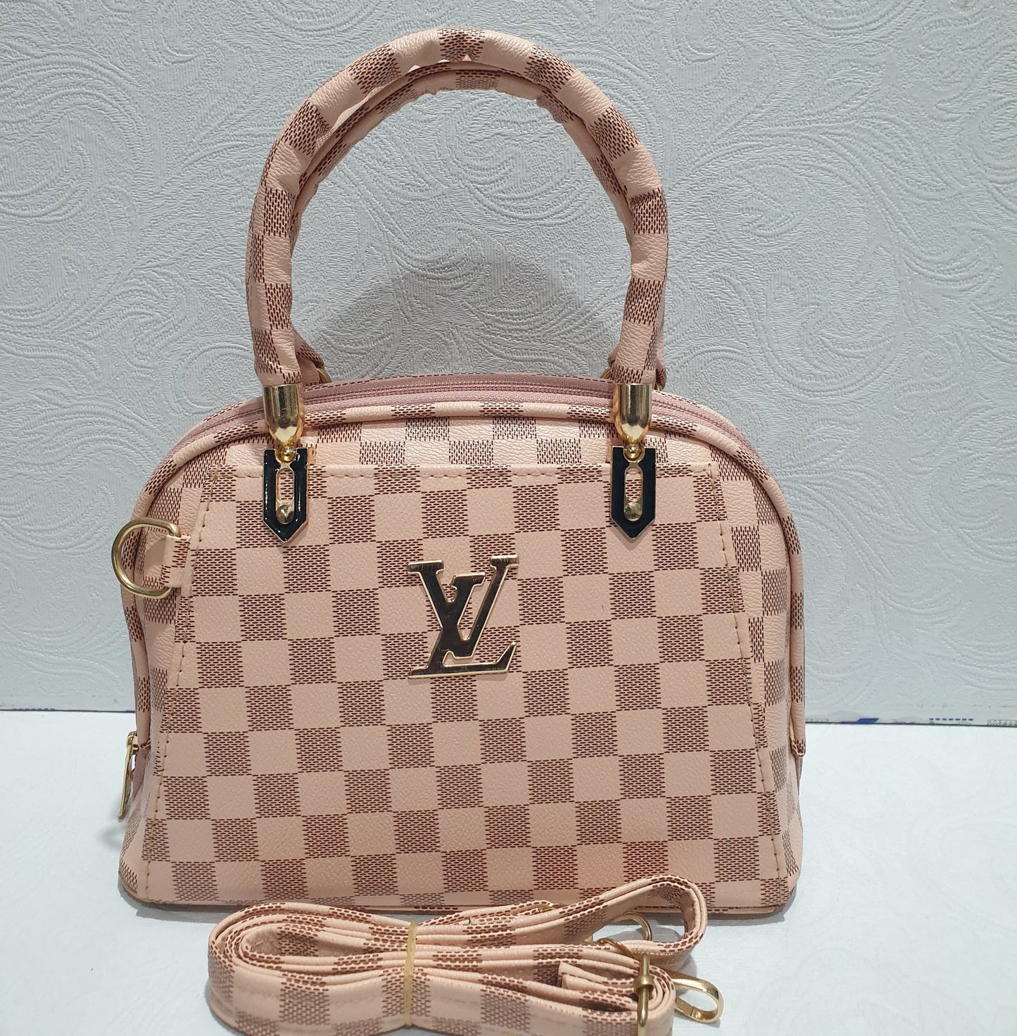 Elegant Checkered Handbag with Gold Accents